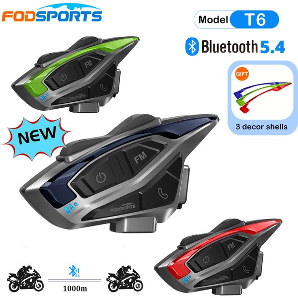1 PC Fodsports T6 Bluetooth Interphone casque de moto casques, communication bidirectionnelle, BT5.4,1000 M, partage de musique, Radio FM, étanche