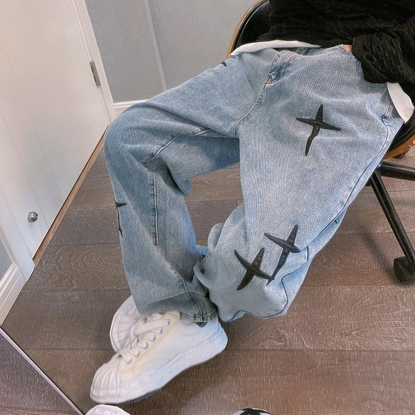 Drucke Jeans Männer 2023 Neue Streetwear Baggy Breite Bein Jeans Koreanische Mode Vorhänge Gerade Beiläufige Lose Denim Cargo Hosen