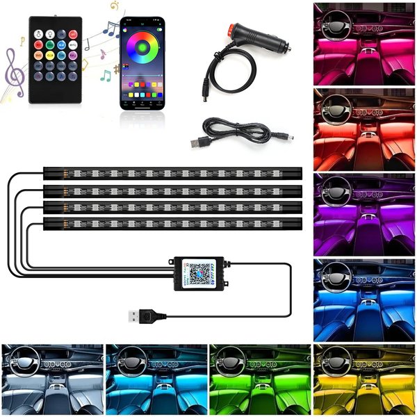 Bande lumineuse d'ambiance pour les pieds de voiture à LED RGB 72/48/36 avec USB, allume-cigare, éclairage intérieur automobile, barre décorative, télécommande/commande vocale