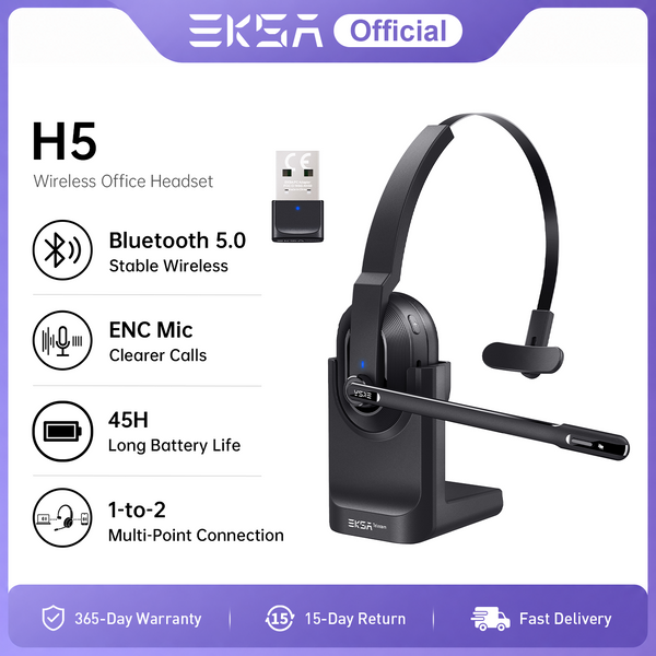 Casque sans fil Bluetooth 5.0 EKSA H5 avec 2 micros ENC pour centre d'appels et bureau, autonomie de 45h, dongle USB, circum-auriculaire, multipoint, 40mm