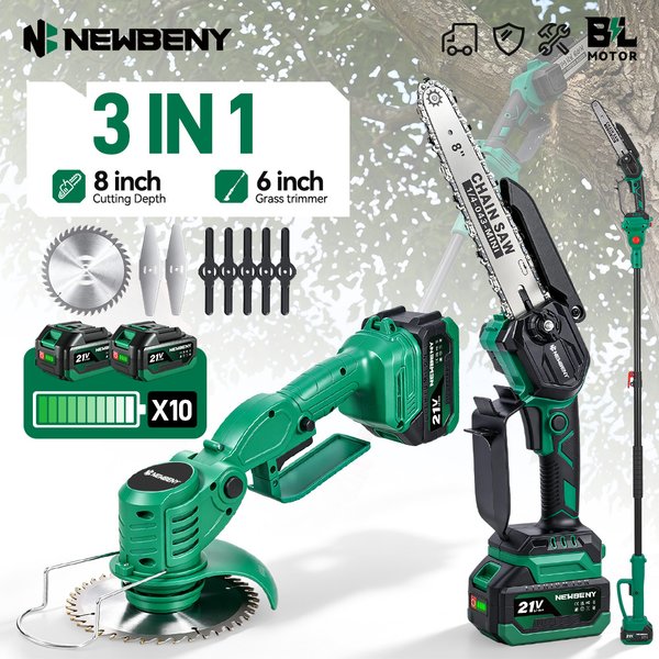 NEWBENY 3-in-1 Cordless Combo 8" Chainsaw + Lawn Mower + Telescopic Pole Saw Pruning Tool Set for Makita 21V Battery Pin
