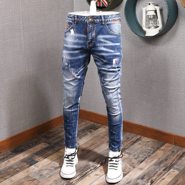 Mode Streetwear hommes jean rétro bleu élastique coupe ajustée déchiré jean hommes peint concepteur élastique Hip Hop Denim crayon pantalon