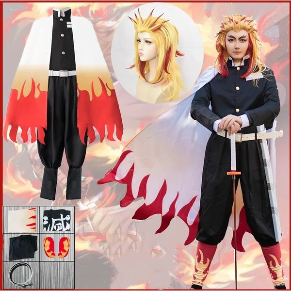 2026 Neue Rengoku Kyoujurou Outfits Anime Cosplay Slayer Kostüm Erwachsenen-Perücke Kimono Uniform Yaiba Partykleidung