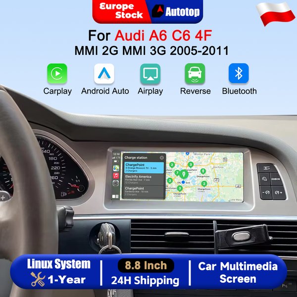 Bezprzewodowy CarPlay i Android Auto, 8,8-calowe radio samochodowe do Audi A6 C6 4F MMI 2G MMI3G (roczniki 2005-2011), inteligentne systemy samochodowe, inteligentny ekran dotykowy z funkcjami
