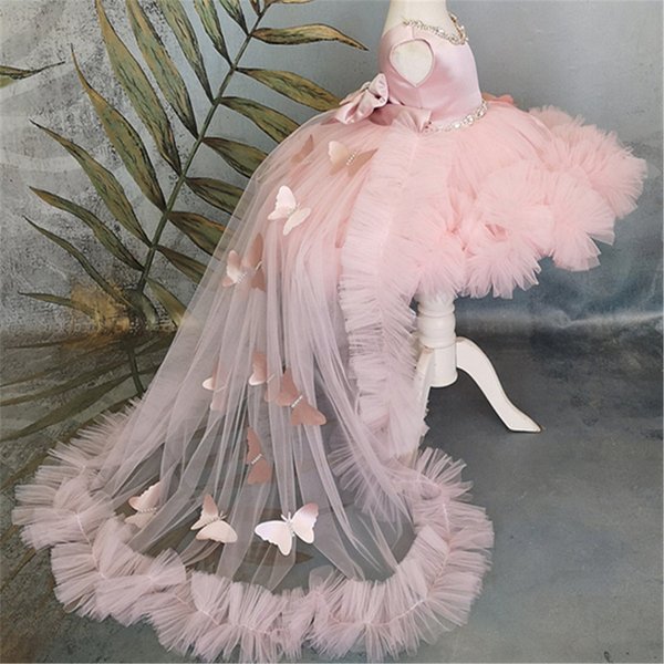 Robe Bouffante Rose avec Traîne pour Petite Fille, Tenue à Fleurs avec Nministériels d Mignon, pour Communion, Anniversaire d'Enfant