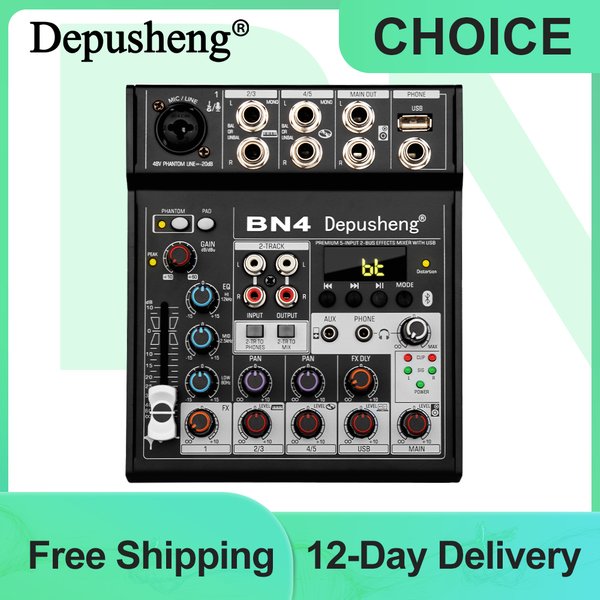 Audio Mixer Depusheng BN4 Professional 5 Channels DJ Mixing Console with Sound Card 48V Phantom Power BLUEtooth PC For Recording