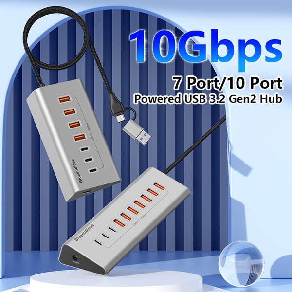 Hub USB-C Blueendless en aluminium USB3.2 Gen2 10 Gbps 7 ports 10 ports, adaptateur répartiteur USB-A 7 en 1 10 en 1 pour ordinateur portable macbook