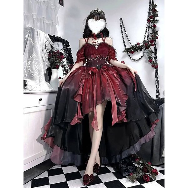 Robe de Mariée à Fleurs Rouges, Tenue de Princesse Bouffante, Cosplay Lolita