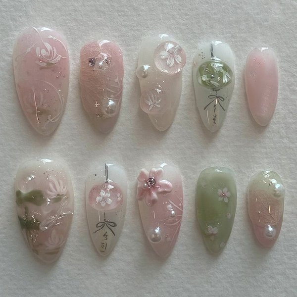 24 Stück Mittellange Mandel-Rundkopf-Kunstnägel, Pink Gradient Lotus Perlen, wiederverwendbares Press-on-Nagelset für Nagelkunst