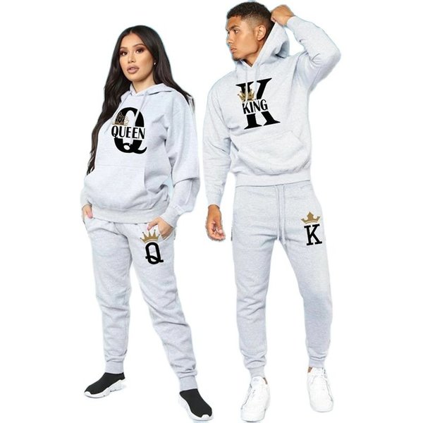 2024 New Autumn and Winter Men's and Women's Sweater Set KING QUEEN Loose Relaxed Hooded Print Couple Set
