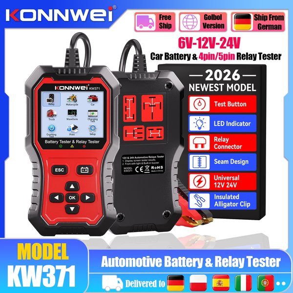 2026 KONNWEI KW371 2-in-1 Autobatterie-Tester/Relais-Tester 6V-12V-24V Lade-/Starttest für Autos
