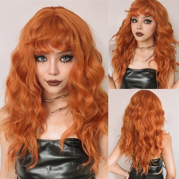 Perruques synthétiques bouclées au gingembre pour femmes, perruques longues Orange avec frange, cheveux résistants à la chaleur, perruque colorée pour Cosplay de fête