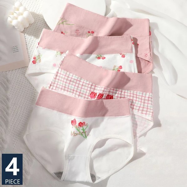 4pcs hohe Taille Unterwäsche Frauen Baumwolle Höschen atmungsaktive süße Print Mädchen Slips plus Größe M-3XL Höschen nahtlose weibliche Dessous