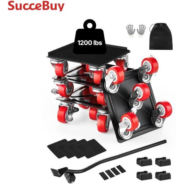 SucceBuy 4 Stück Möbel-Dolly, 1200 lbs/3474 lbs, Kühlschrank-Montage mit 5 360 ° Rotationsräder und Hebeschieber-Werkzeugsatz für Geräte, Sofas