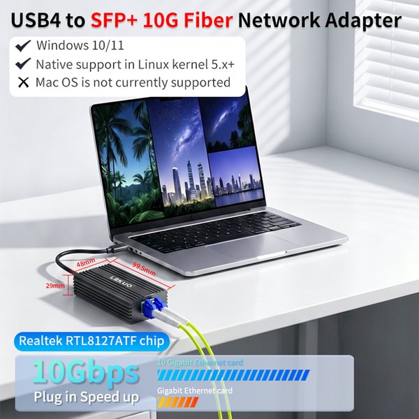 Carte réseau PCIe Lekuo à port unique 10G SFP+ Realtek RTL8127ATF compatible Thunderbolt 3/4/5 Win/Linux pour NAS et station de travail