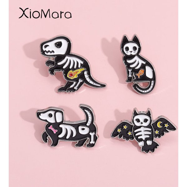 Dark Animal Bone Enamel Pins Custom Dinosaur Cat Dog Brooches Lapel Badges Terror Jewelry Halloween Gift For Woman Friend