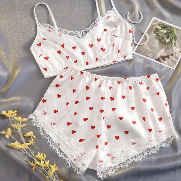 Femmes Sexy dentelle pyjamas ensemble soie Satin vêtements de nuit été col en v sans manches Pijama fausse soie Homewear rouge coeur imprimé vêtements de nuit