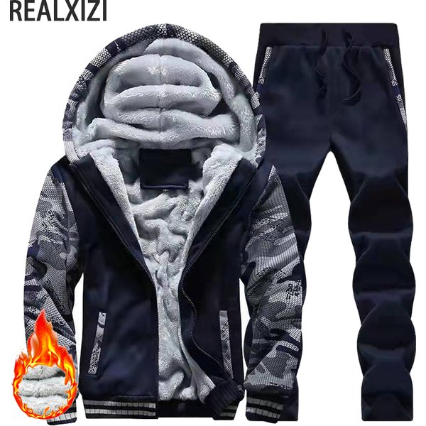 Men's Winter Jackets Thick Warm Jacket Brand Sportswear Coat Pants Solid Color Fleece Zipper Hooded Long Sleeved Male Outerwear