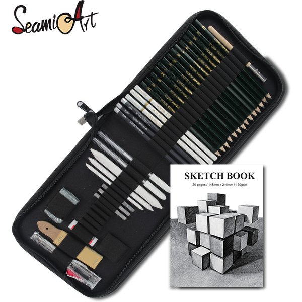 Seamiart 36pcs Professional Painting Sketch Set with Charcoal Pencils 6H-12B Canvas Bag Drawing Tools for Art Suppliers