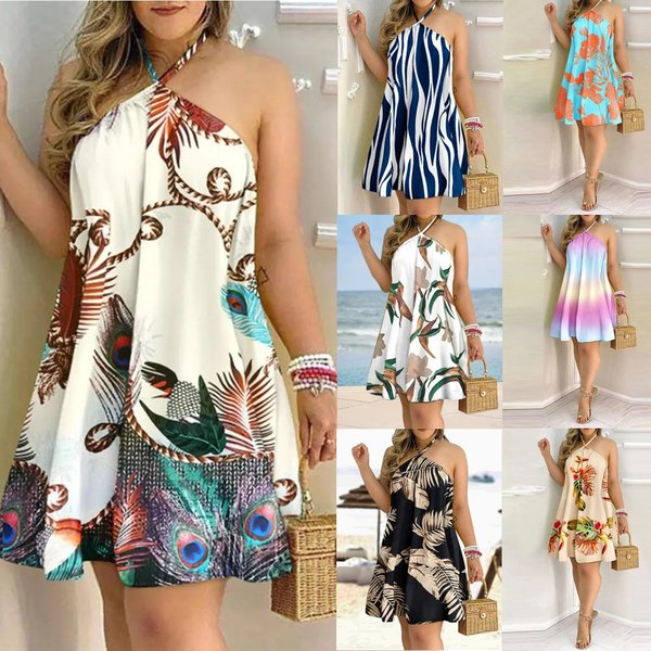 Robe trapèze bohème imprimée à bretelles halter pour femme 2026, idéale pour les tenues de vacances à la plage au printemps et en été.