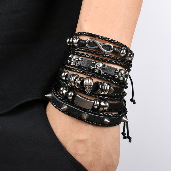 1 Mode-Armband, Wikinger-Armband für Männer, Handarmbänder, gewebter Totenkopf-Handschmuck, verstellbares Leder-Set, Armband für Leder