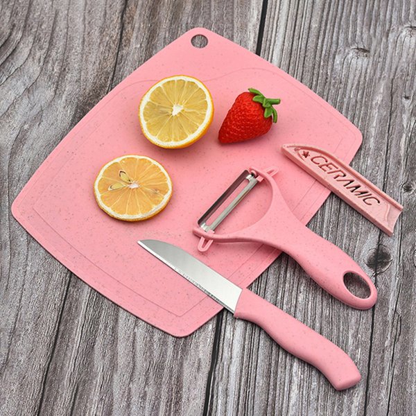 Ensemble de coupe en acier inoxydable, ensemble de trois pièces, planche à découper en paille de blé, couteau à fruits, éplucheur, outils de cuisine combinés