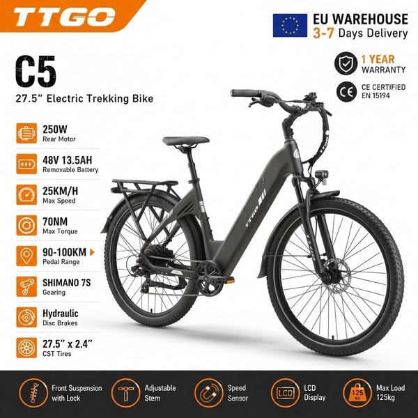 TTGO C5 Vélo de randonnée électrique 27,5" Vélo électrique Batterie 48V13.5Ah Moteur 250W Vélo électrique 70Nm 7 vitesses Freins hydrauliques Tige de selle suspendue Écran LCD Vélo électrique pour