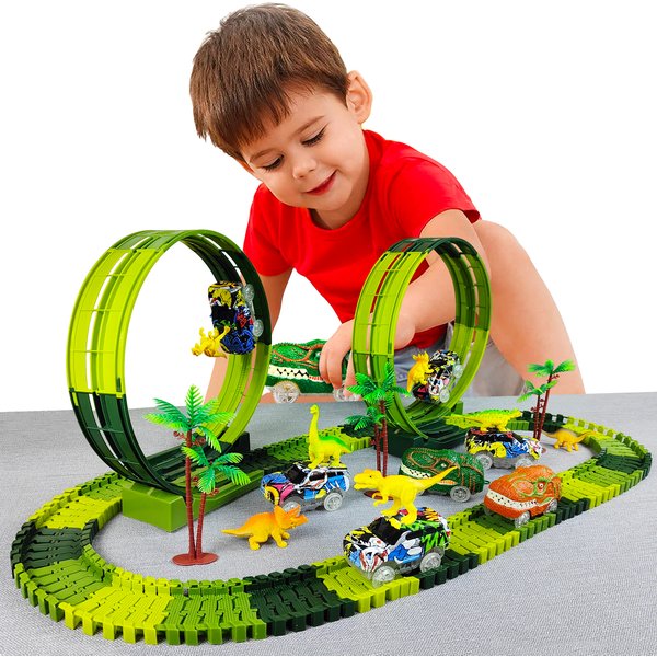Circuit de course flexible et flexible pour voiture électrique dinosaure, jouet de haute qualité pour enfant, avec voiture lumineuse et piste de course flexible.