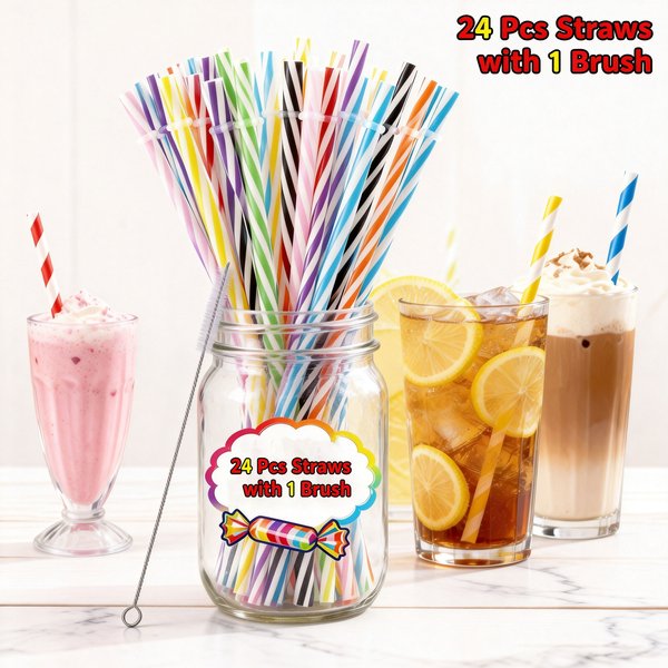 24Pcs Drinking Striped Straws Reusable Hard Plastic Straws with Cleaning Brush Assorted Color Candy-Striped Straw Party Straight