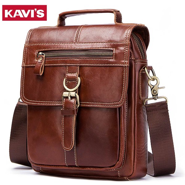 KAVIS New Genuine Leather Man's Crossbody Shoulder Bag Multi-function Men Handbags Large Capacity Cow Leather Bag For Man Travel