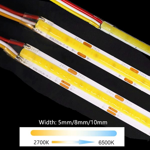 12V 24V DC CCT COB LED Strip Light 2700K do 6500K Zmieniająca kolor taśma LED Liniowa podwójna kolorowa wstążka RA90 Ściemnialna szerokość 5mm 8mm