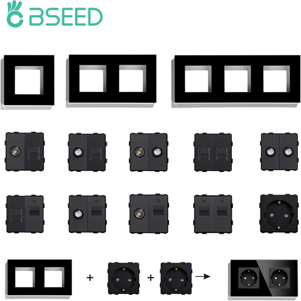 Bseed – pièces de prise USB type-c Standard ue, interrupteur à bouton, Internet TV, HDMI Satellite avec cadre en verre, pièces de fonction noires à monter soi-même