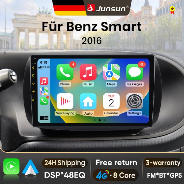 Junsun 9-Zoll Android 15 Autoradio für Mercedes Benz Smart 453 Fortwo 2014-2020, kabelloses Apple CarPlay, Auto-IPS-Bildschirm, Stereo-Multimedia-Videoplayer, intelligente Fahrzeugsysteme,