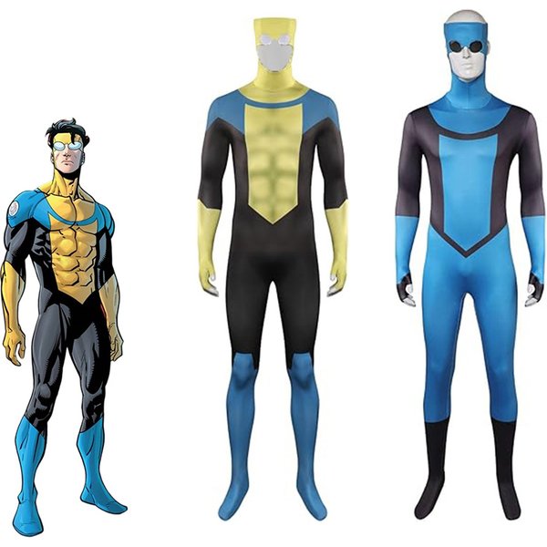 Invincible Yellow Jumpsuit Cosplay Costume 3D Long Sleeve Blue Bodysuit Halloween Masquerade Party Costume for Adult Men