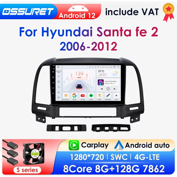 2 din android auto radio für hyundai santa fe 2 2012-2015 carplay 4g auto multimedia gps 2din autoradio ai voice octa core 2006