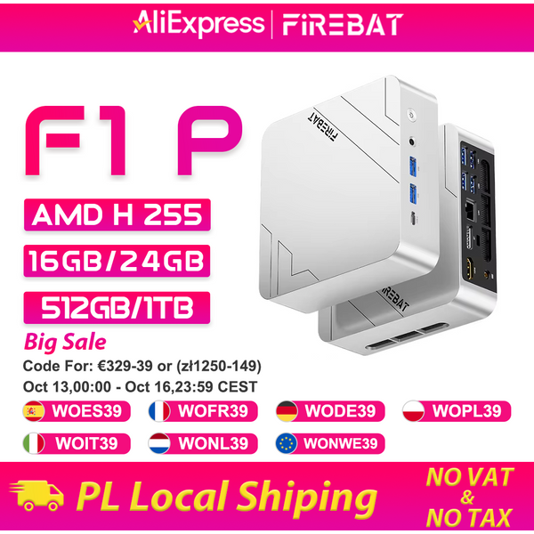 Mini PC Firebat F1 P AMD Ryzen 7 H 255 LPDDR5 16 Go 24 Go 512 Go 1 To SSD Windows 11 Pro Ordinateur de bureau de jeu Mini PC Wi-Fi 6 USB4.0