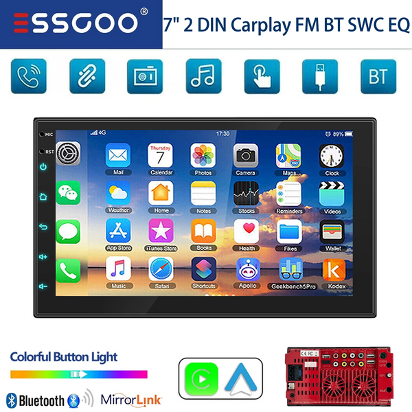 ESSGOO 7-Zoll-Autoradio MP5-Player mit Wince-System, Bluetooth, kabelgebundenem Carplay, Android Auto, AM/FM, SWC, EQ, Mirrorlink und 7-farbiger Beleuchtung