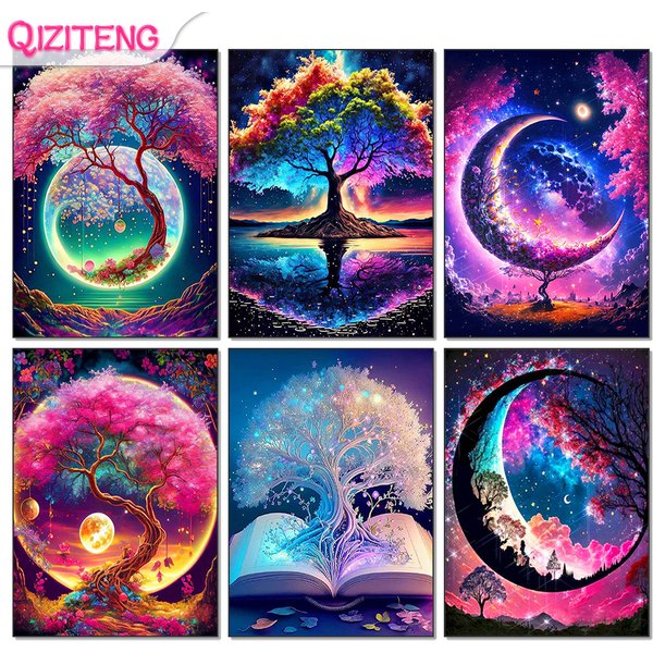 Peinture diamant fantaisie 5D à faire soi-même, paysage d'arbre de lune, perceuse complète, strass, mosaïque, broderie, produits faits à la main, décoration d'intérieur, cadeau