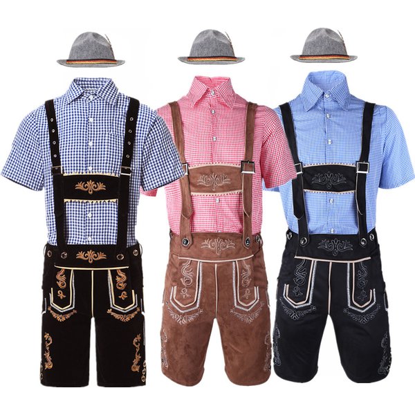 M-XXL Hommes Allemand Oktoberfest Lederhanced Costume À Manches Courtes Chemise À Carreaux Bretelles Chapeau Ensemble Bière Festival Mâle Cosplay Halloween