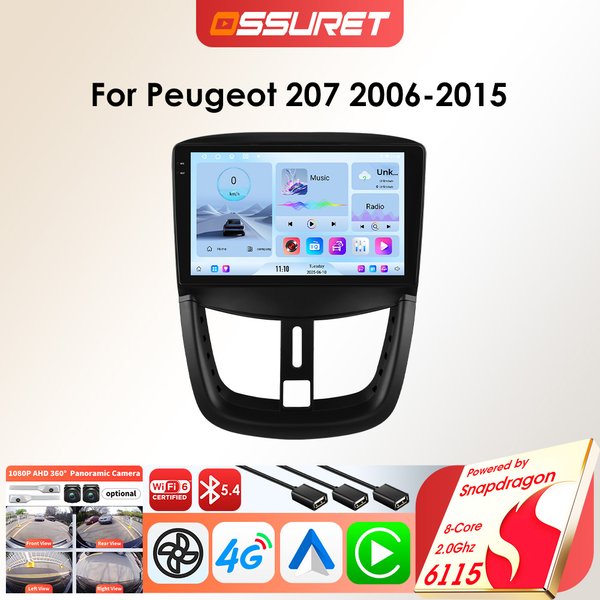 OSSURET 6115 Android Auto Radio Player für Peugeot 207 207CC SW 2006-2015 drahtlose Carplay Auto 2DIN 8 core Auto Multimedia 360 cam
