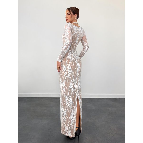 Sexy frauen Kleid Slim Fit Spitze Romantische Und Elegante Temperament Frau Kleidung Langarm Square Neck Spleißen Lange Vestidos