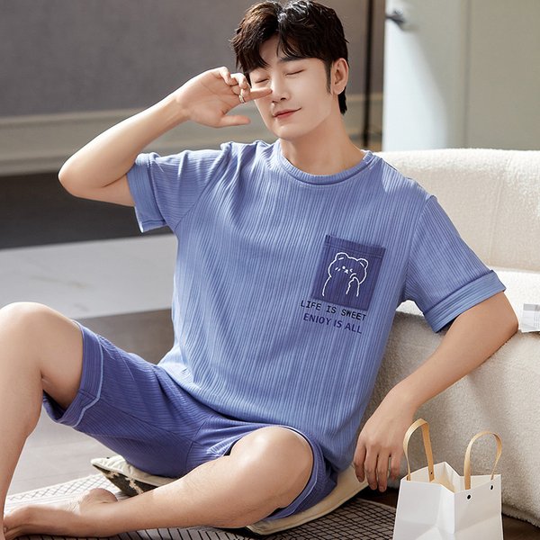 Pyjama d'été en coton doux pour hommes, vêtements de nuit, bleu, à manches courtes, élastique, nouvelle collection L-3XL