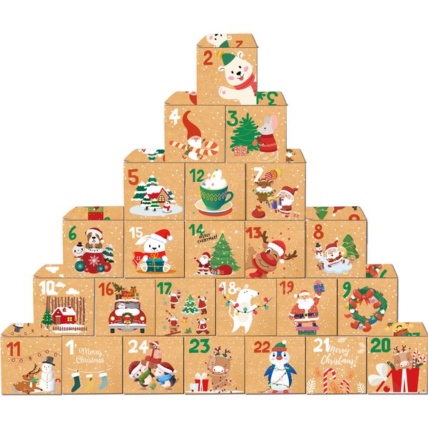 24 Stück Weihnachts-Adventskalender-Box aus Kraftpapier, Pralinenschachtel, 24 Tage Countdown für Weihnachtsgeschenkboxen, Navidad-Neujahrsdekorationen