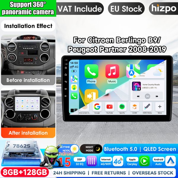 Autoradio Hizpo 9 pouces avec CarPlay sans fil et Android Auto pour Citroën Berlingo B9 Peugeot Partner 2008 - 2019, autoradio multimédia 2 DIN avec ventilateur de refroidissement intégré, navigation