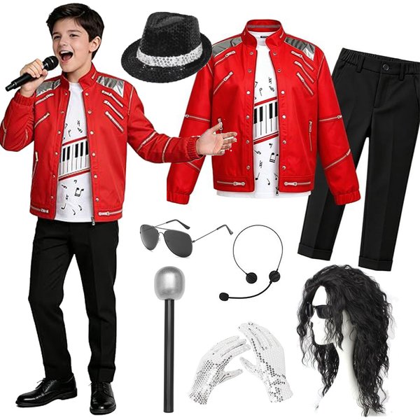 Kids Cosplay Dance Star Costume Set Red Printed 80s 90s Stage Party Outfit Boy Girl Clothing Children Jackson Costume