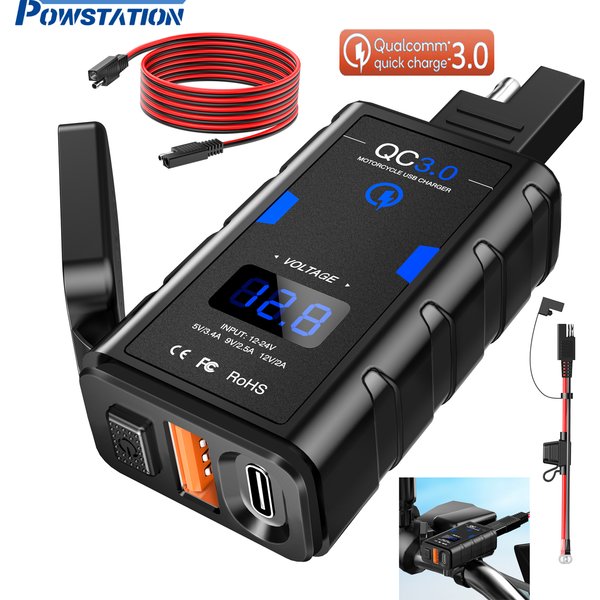 Powstation Waterproof Motorcycle Phone Charger QC3.0 USB + Type C 6.4A Charger With Cord Voltmeter Moto Power Supply Socket