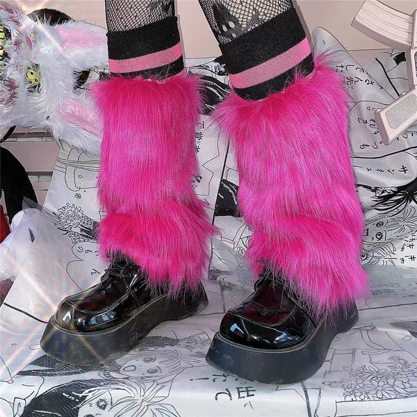 Dunkelrosa pelzige Beinwärmer Y2K Punk Kunstpelz Beinwärmer Stiefelüberzüge Lady Cute JK Knielange Hipster Warme Socken Mädchensocken