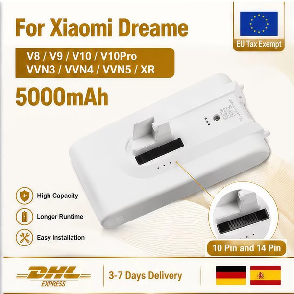 Hochwertiger 5000mAh Lithium-Ionen-Akku mit schneller Aufladung, kompatibel mit Dreame V8 V9 V10 Pro VVN3 VVN4 VVN5 XR Handstaubsauger, lange Akkulaufzeit und Stabilität.