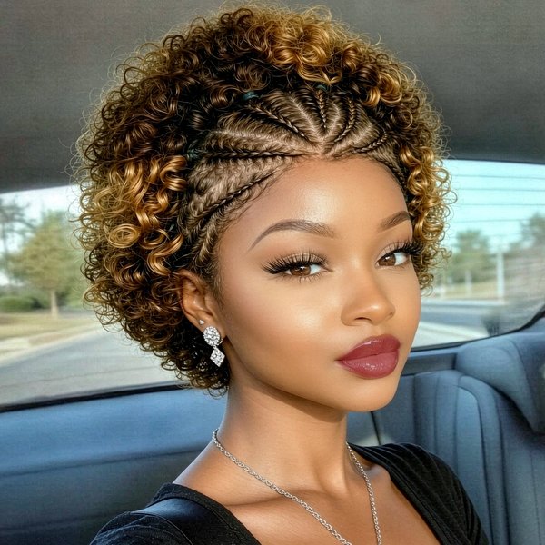 Perruques Afro Bouclées Colorées en Cheveux Humains avec Tresses, Perruque Lace Front 13×4 en Cheveux Humains Remy pour Femmes