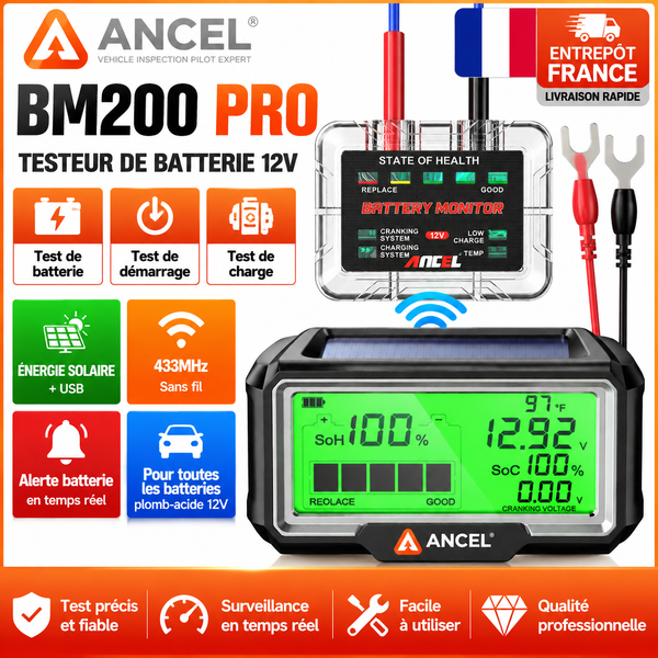 1/2/5PCS ANCEL BM200 PRO 12V Autobatterietester, solarbetriebener Batterie-Monitor, 433MHz RF-Funk-Anzeige-Analysator, Anlasser-Testgerät für Blei-Säure-Batterien